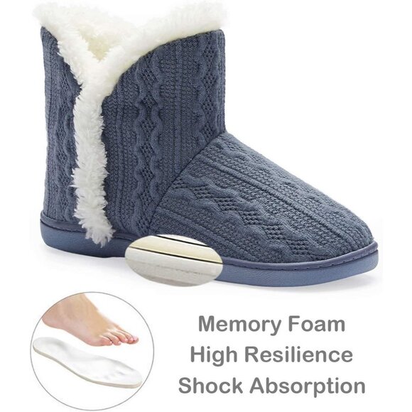 Women's Winter Warm Dark Gray Fluffy Fur Lined Plush Bootie Slippers Shoes - Picture 2 of 7